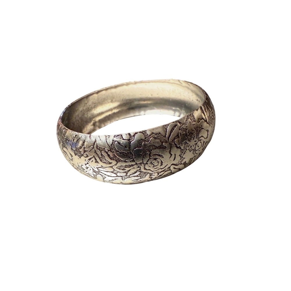 Floral Rose Cuff Bracelet One Size Silver Tone Chunky Wide Bangle
